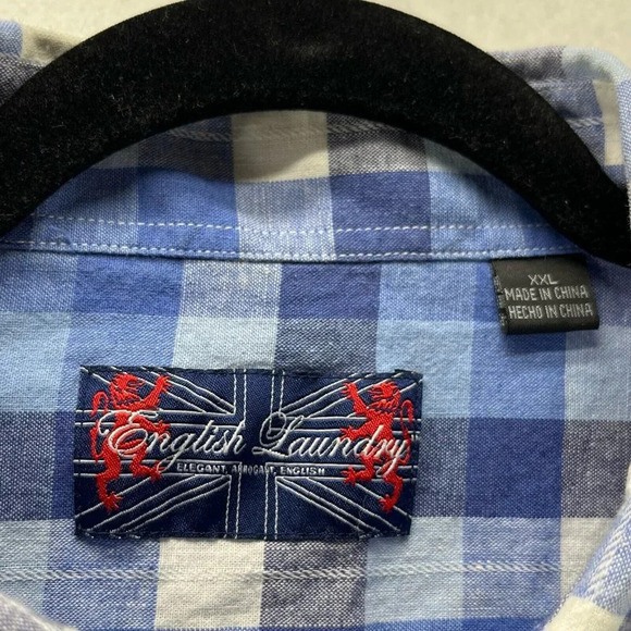 English Laundry Shirt Mens XXL Gingham Button Up Short Sleeve Linen Cotton Blue - Picture 7 of 11